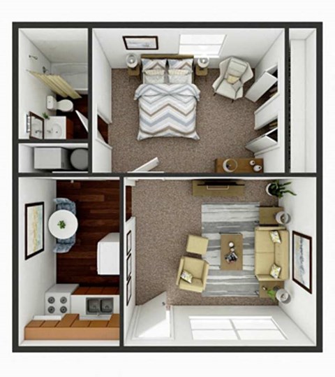 A top-down view of a small apartment with a bedroom, living room, and kitchen.